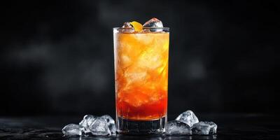 Refreshing cocktail served over ice with vibrant colors in a modern bar setting during evening hours photo