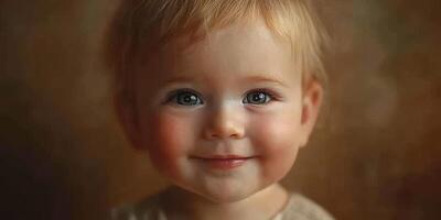 Bright-eyed baby smiles warmly in soft lighting, showcasing innocence and joy in a cozy indoor setting photo