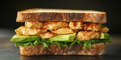 Savory grilled chicken sandwich stacked with fresh greens on whole grain bread photo