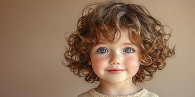 Young child with curly hair and blue eyes smiles warmly against a neutral background photo