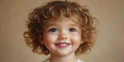 Smiling child with curly hair captures joy in a close-up setting during indoor playtime photo
