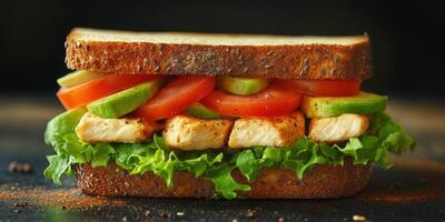 Fresh sandwich with grilled chicken, vegetables, and whole grain bread served in a cozy kitchen setting photo
