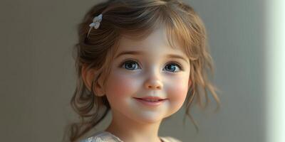 Young girl with joyful expression posing near a window with natural light illuminating her features photo