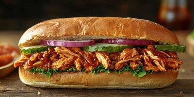 Delicious pulled chicken sandwich with pickles and onions served on a fresh bun at a casual dining location photo