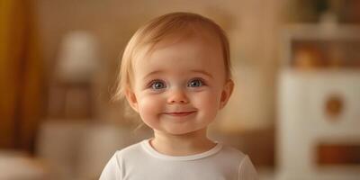Smiling baby with bright eyes enjoys cheerful moment in cozy indoor setting during daytime photo