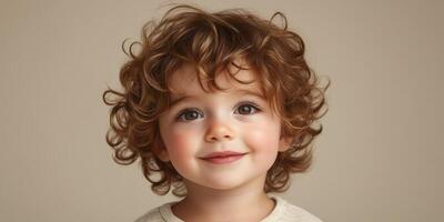 Smiling toddler with curly hair sharing joy in natural light during a relaxed indoor moment photo