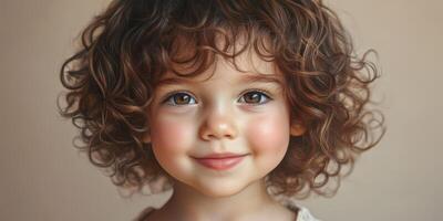 Smiling child with curly hair poses for a close-up portrait in soft lighting during a calm afternoon photo