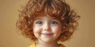 Young child with curly hair smiles brightly against a warm yellow background during a playful moment at home photo