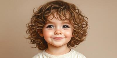 Smiling child with curly hair poses against a neutral background in a bright and cheerful setting photo