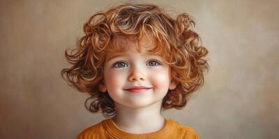 Young child with curly hair smiles brightly against a soft, neutral background in a warm-toned setting photo