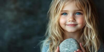 Young girl with bright blue eyes holding a smooth stone and smiling warmly against a muted background photo