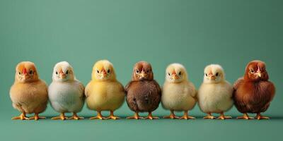 Colorful chicks stand in a row against a green background showcasing their unique features and lively expressions in natural light photo