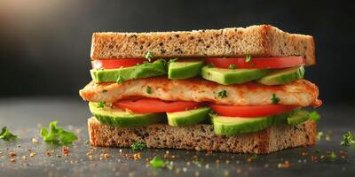 Freshly made sandwich with layers of chicken, tomato, and avocado on whole grain bread in a dark setting photo