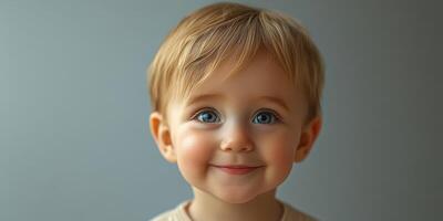sonriente niñito con brillante azul ojos muestra alegría en contra un suave gris antecedentes en un acogedor interior ajuste foto