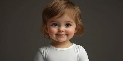 Smiling toddler with short hair wearing a white shirt in a neutral background photo