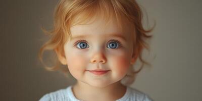 Cute toddler with blue eyes and curly hair smiles warmly in a softly lit indoor setting photo