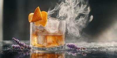 Craft cocktail with citrus garnish and smoke effect presented on a dark surface photo