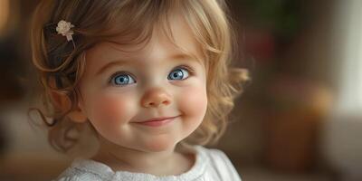 Cheerful toddler with curly hair and blue eyes smiles warmly in a cozy indoor setting during daylight photo