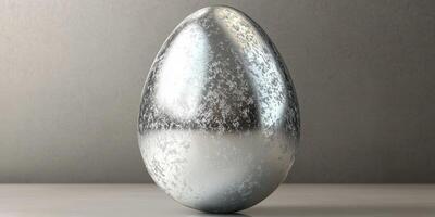 Shiny silver decorative egg on a light gray surface against a simple backdrop photo