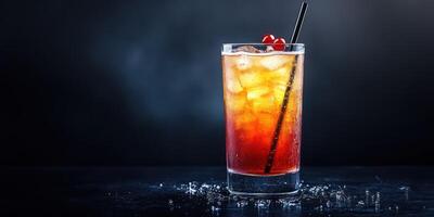 Refreshing cocktail served in a tall glass with ice, garnished with cherries on a dark background photo