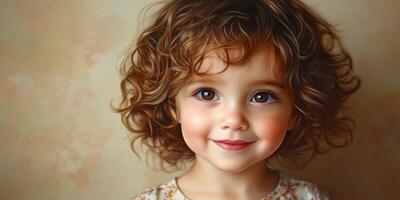 Young girl with curly hair smiling joyfully against a soft background at home during afternoon photo
