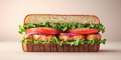 Freshly made sandwich with layers of chicken, lettuce, tomato, and onion on whole grain bread in a minimalistic setting photo