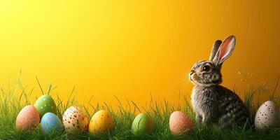 Colorful eggs and a curious rabbit in a spring meadow at sunset photo