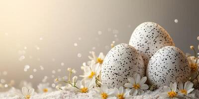 Decorative speckled eggs surrounded by flowers create a spring atmosphere during a festive celebration photo