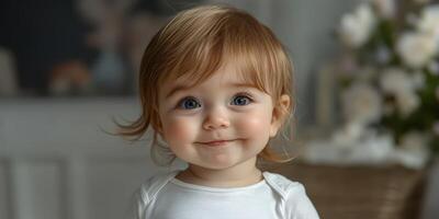 Happy toddler with bright eyes and a playful smile in a cozy indoor setting surrounded by soft natural light photo