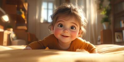 Happy baby crawling on cozy bed during sunny afternoon in a warm, inviting room photo