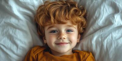 Smiling boy with curly hair relaxing on soft bedding in a cozy bedroom during afternoon photo