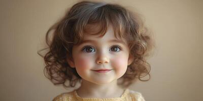 Curly-haired child with bright eyes and warm smile in soft lighting indoors photo