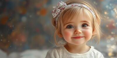 Young child with expressive smile and headband sitting indoors, captured in soft warm lighting during afternoon photo