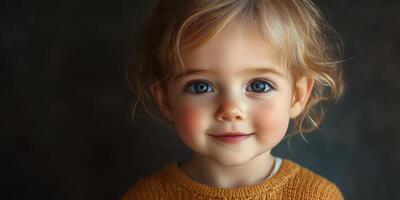 Beautiful toddler with curly hair and bright blue eyes smiles against a dark background in cozy sweater photo