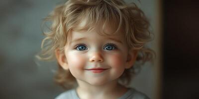 Small child with curly hair smiles brightly, showcasing innocent joy and curiosity in a cozy indoor setting photo