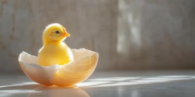 Chick emerges from broken eggshell, showcasing the miracle of new life in warm light photo