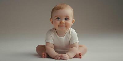 Happy baby sitting on soft surface with a joyful expression during a calm indoor setting photo