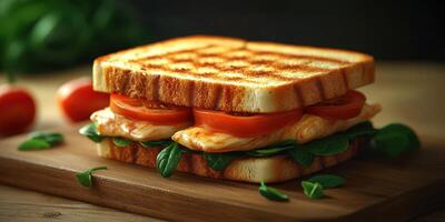 Delicious grilled sandwich with fresh tomatoes and spinach on a wooden board in natural lighting photo