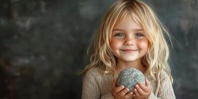 Young child smiles while holding a smooth stone in a cozy indoor setting during an afternoon photo