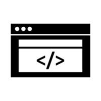 A black and white icon of a computer screen with a code symbol vector