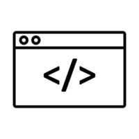 A black and white icon of a computer screen with a code symbol vector