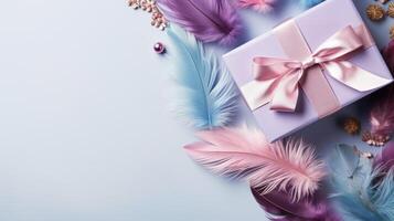 Gift box and feathers frame on light background banner background copy space. Congratulation with holiday image backdrop empty. Celebration concept composition top view, copyspace photo