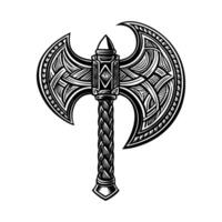 A black and white drawing of a viking axe vector