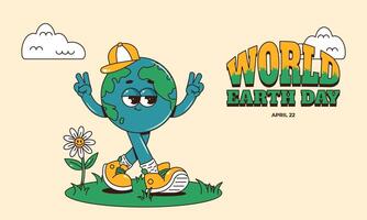 Retro groovy Earth planet walking character in baseball cap and sneakers. World Earth day horizontal banner. illustration vector