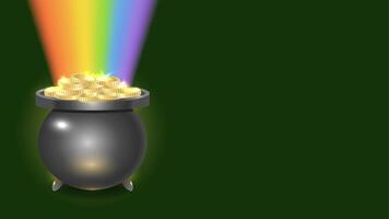 Horizontal background Happy Saint Patricks day with gray cauldron, golden coins, rainbow on dark green background. illustration with copy space vector