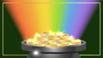 Horizontal background Happy Saint Patricks day with big pot, golden coins, rainbow on green background. illustration with copy space and golden border vector