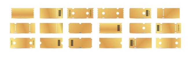 Golden tickets template set. Empty gold coupon blank with barcode, number. illustration collection isolated on white background vector