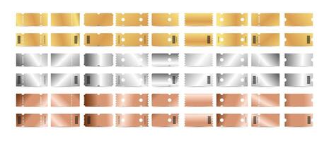 Gold, silver, bronze ticket template set. Empty coupons blank and ticket with number, barcode. illustration collection isolated on white background vector