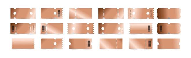 Bronze tickets template set. Empty copper coupon blank with barcode and number. illustration collection isolated on white background vector