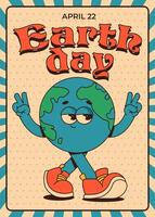 Retro groovy Earth planet walking character with psychedelic face. Earth day vertical poster. illustration vector
